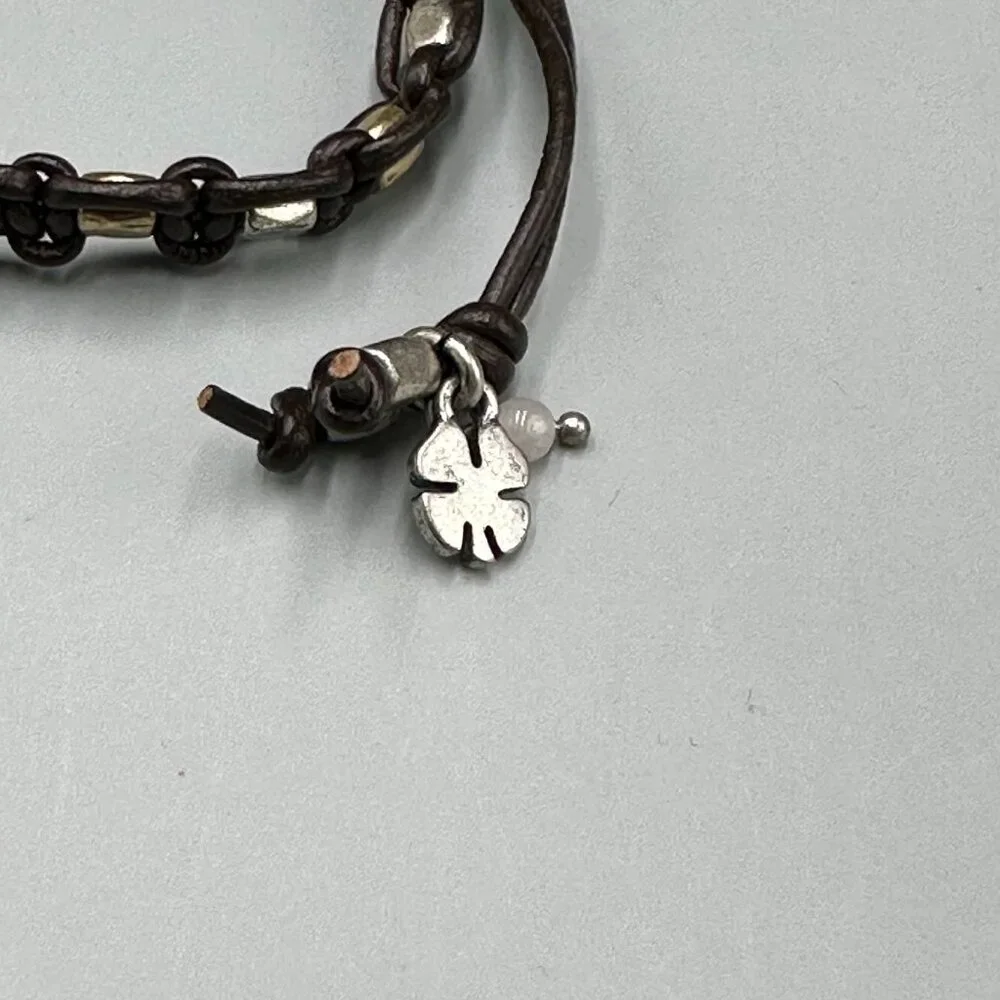 Lucky Brand Pink Rose Quartz Beaded Brown Leather Bracelet Adjustable Cord - Picture 7 of 9